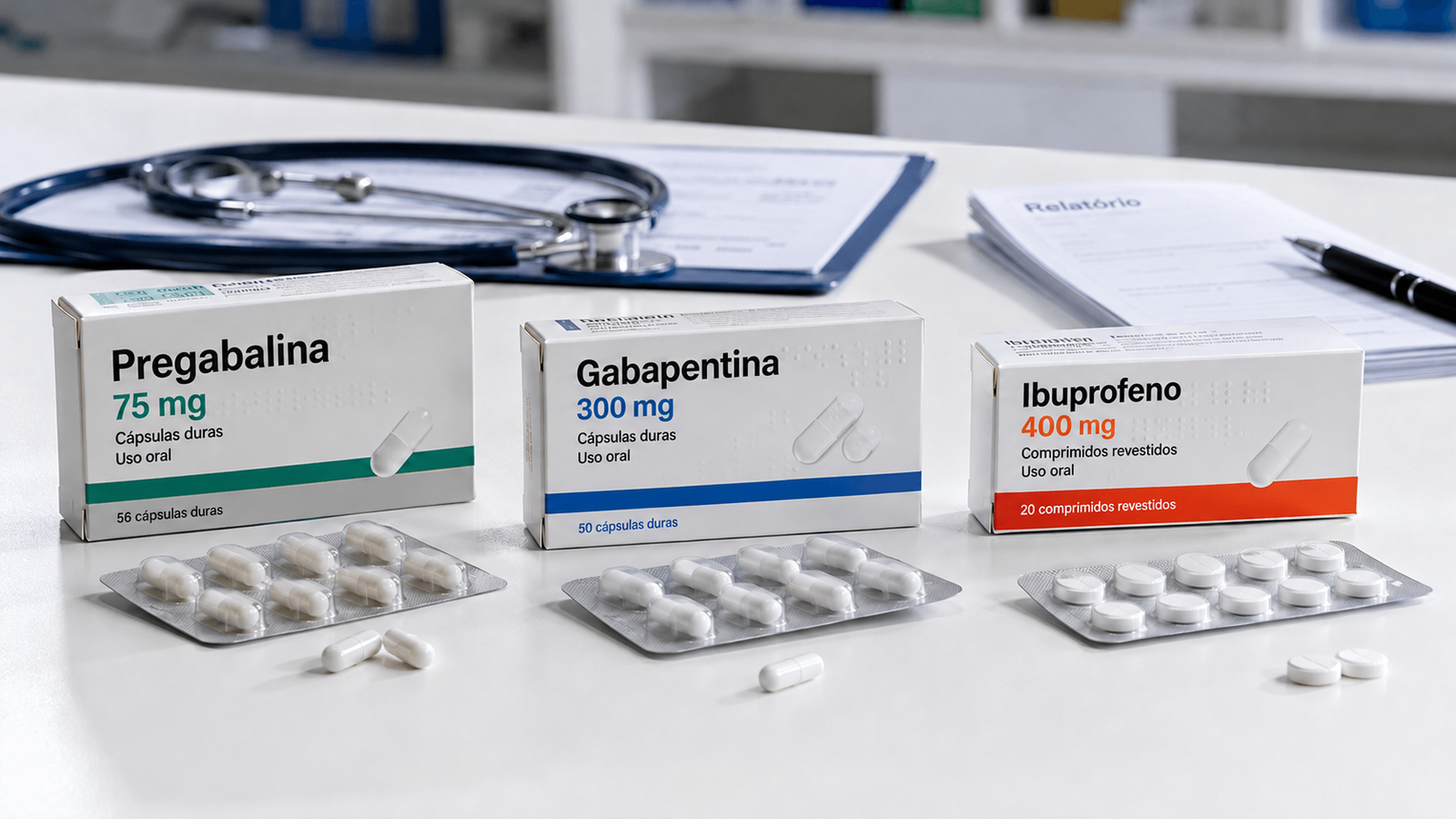 Imagem ilustrativa de embalagens de pregabalina, gabapentina e ibuprofeno, com textos em português