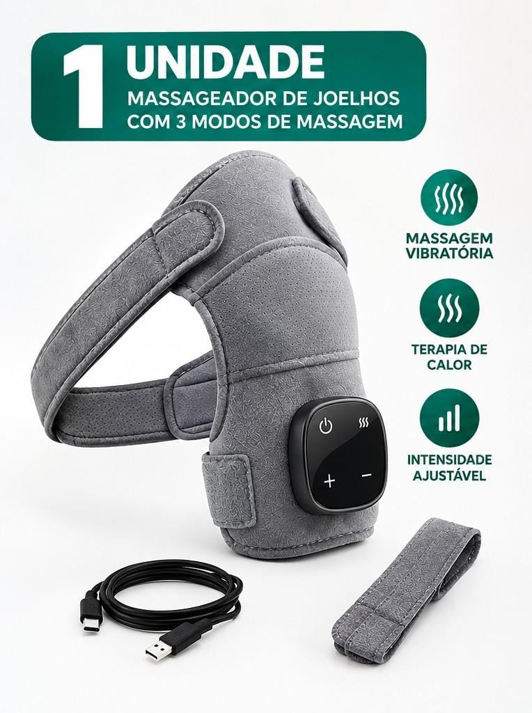 Massageador 3 em 1 com cabo USB, tira de ajuste e funções indicadas na imagem
